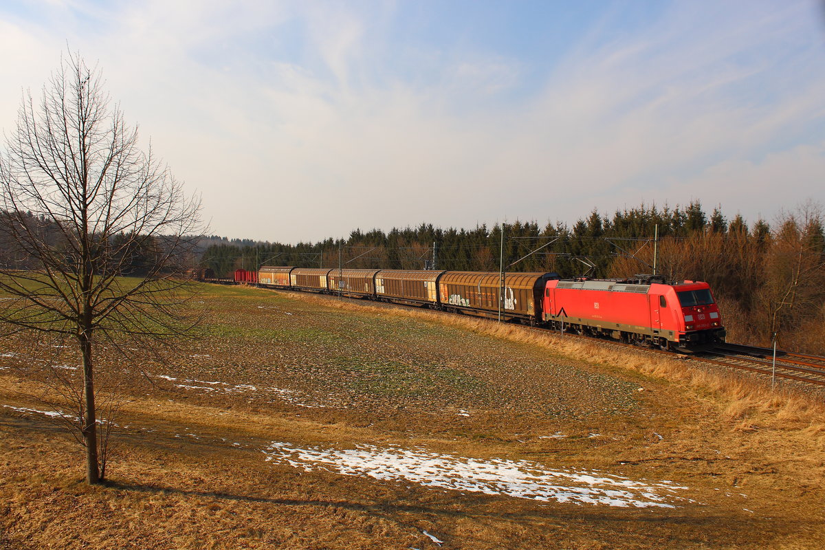 Die 185 253 am EZ 51716 von Nürnberg nach Senftenberg passiert hier gerade den Ehemaligen Bahnübergang an der Gaststätte Frohsinn bei Herlasgrün. Aufgenommen am 02.03.2018. 