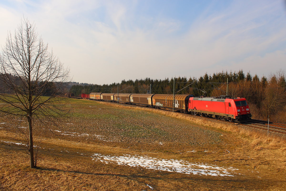 Die 185 253 am EZ 51716 von Nürnberg nach Senftenberg passiert hier gerade den Ehemaligen Bahnübergang an der Gaststätte Frohsinn bei Herlasgrün. Aufgenommen am 02.03.2018. 
