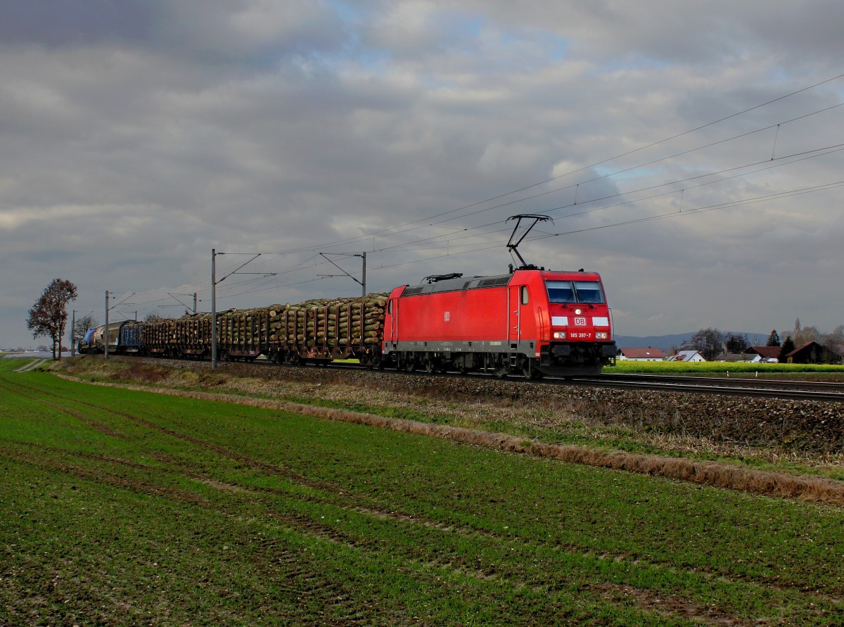 Die 185 397 mit einem Güterzug am 21.11.2015 unterwegs bei Schambach.