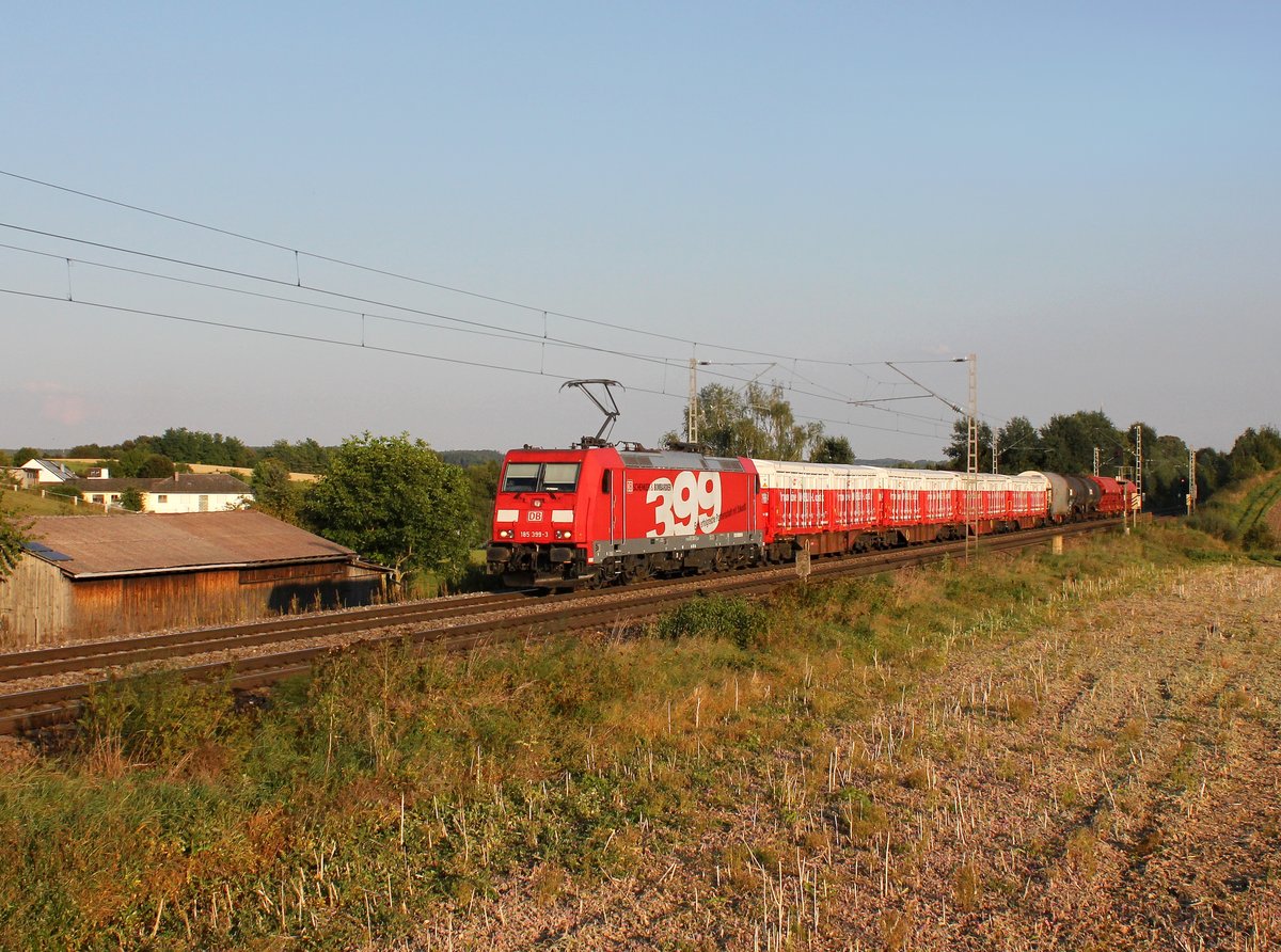 Die 185 399 mit einem umgeleiteten Güterzug am 09.09.2016 unterwegs bei Fahlenbach.