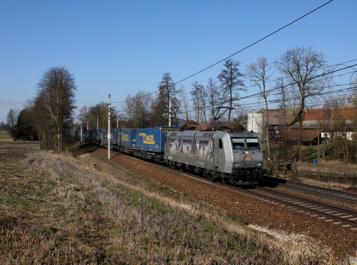 Die 185 540 mit einem KLV-Zug am 23.02.2014 unterwegs bei Kimpling.