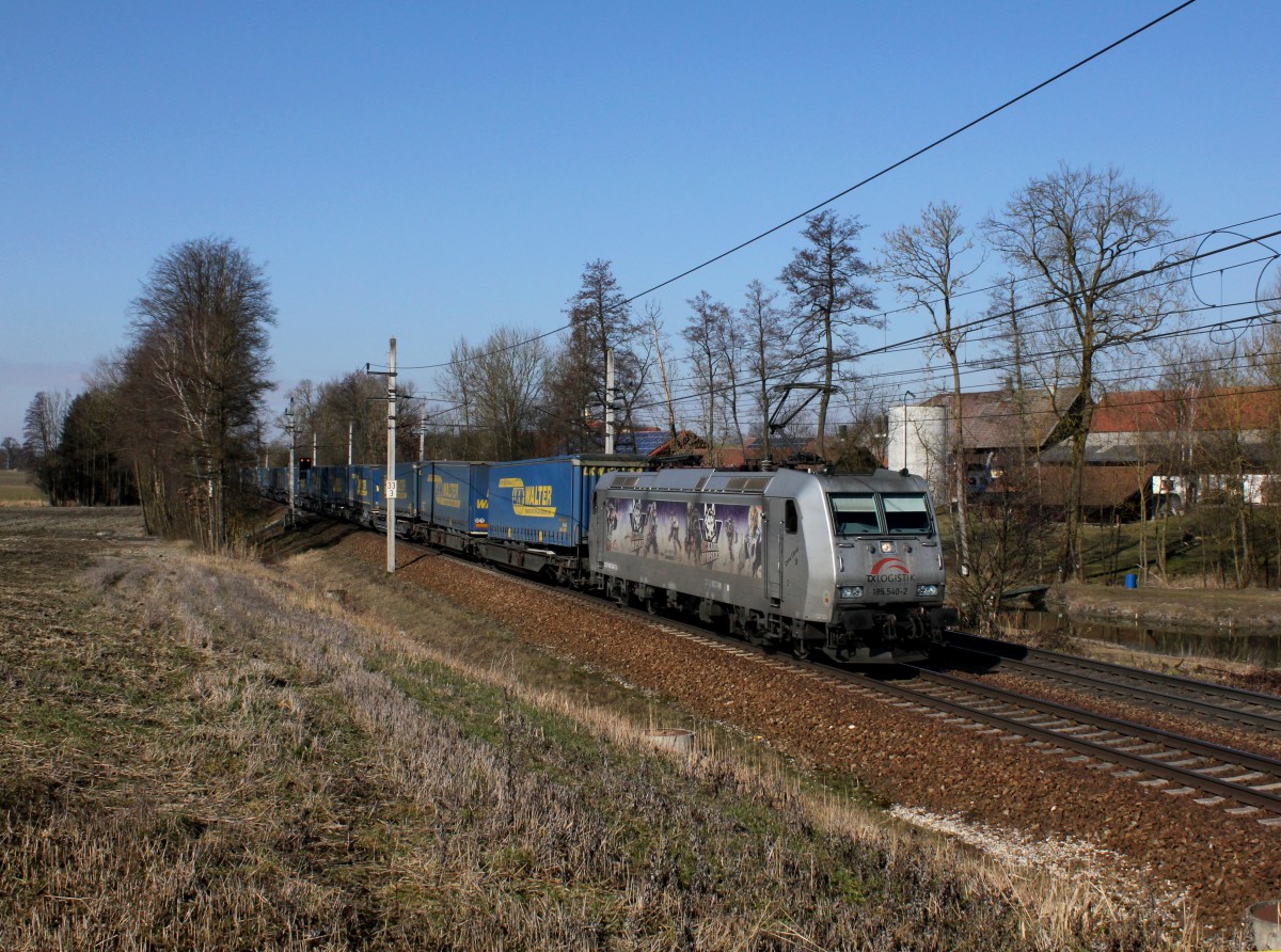 Die 185 540 mit einem KLV-Zug am 23.02.2014 unterwegs bei Kimpling.