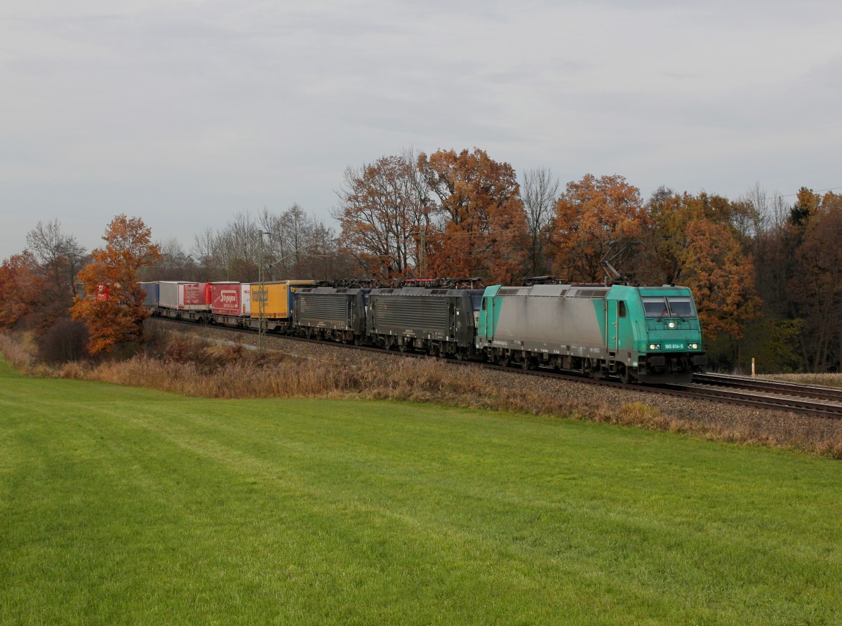 Die 185 614, die ES 64 F4-113 und die ES 64 F4-211 mit einem KLV-Zug am 10.11.2012 unterwegs bei Hilperting.