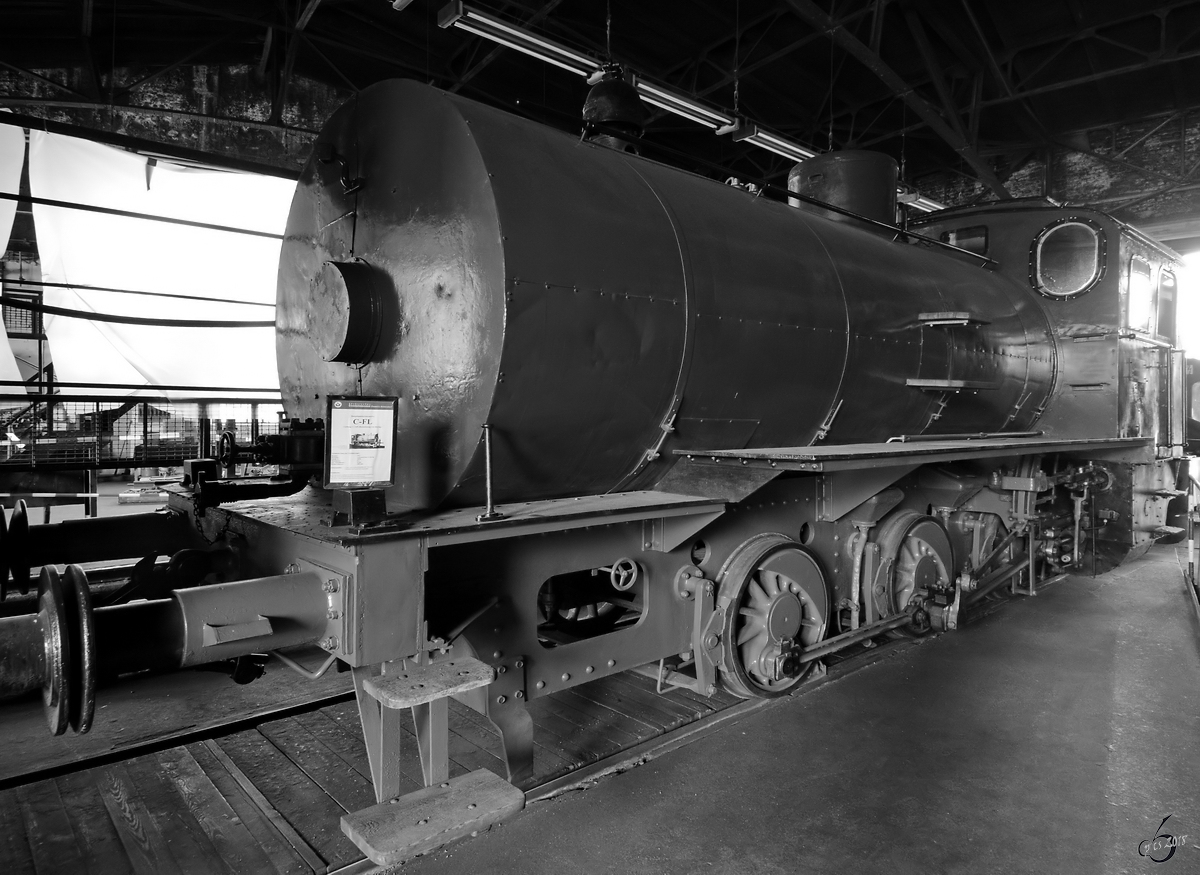 Die 1921 gebaute Dampfspeicherlokomotive Borsig Typ FL, Nr. 10896 Anfang April 2018 im Sächsischen Eisenbahnmuseum Chemnitz-Hilbersdorf.