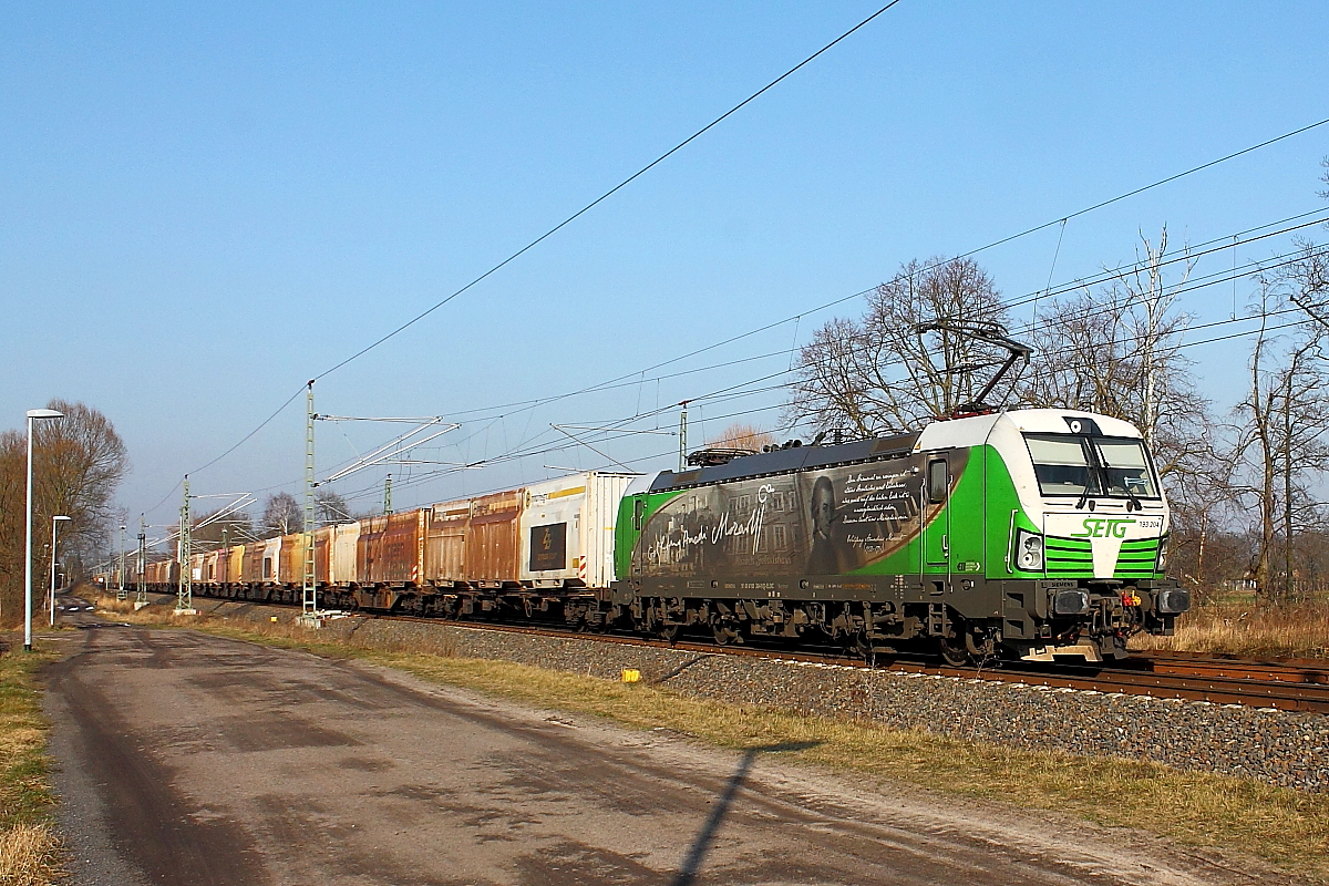 Die 193 204 mit einem Innofreight-Container Ganzzug am 07.02.2018 in Nassenheide.