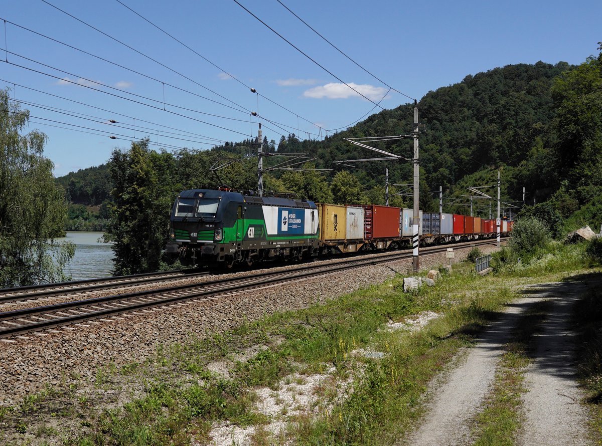 Die 193 251 mit einem Container am 01.07.2018 unterwegs bei Wernstein.