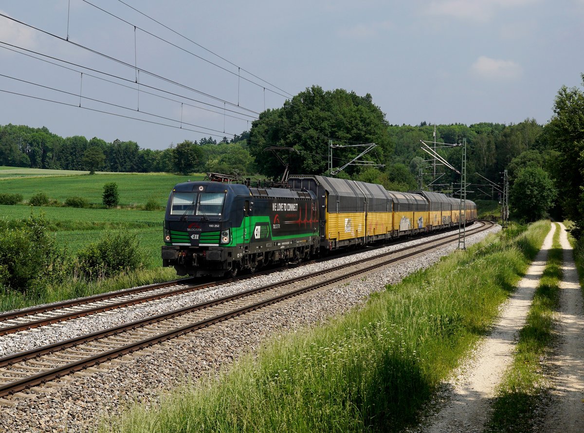 Die 193 252 mit einem Autozug am 03.06.2017 unterwegs bei Ascholtshausen.