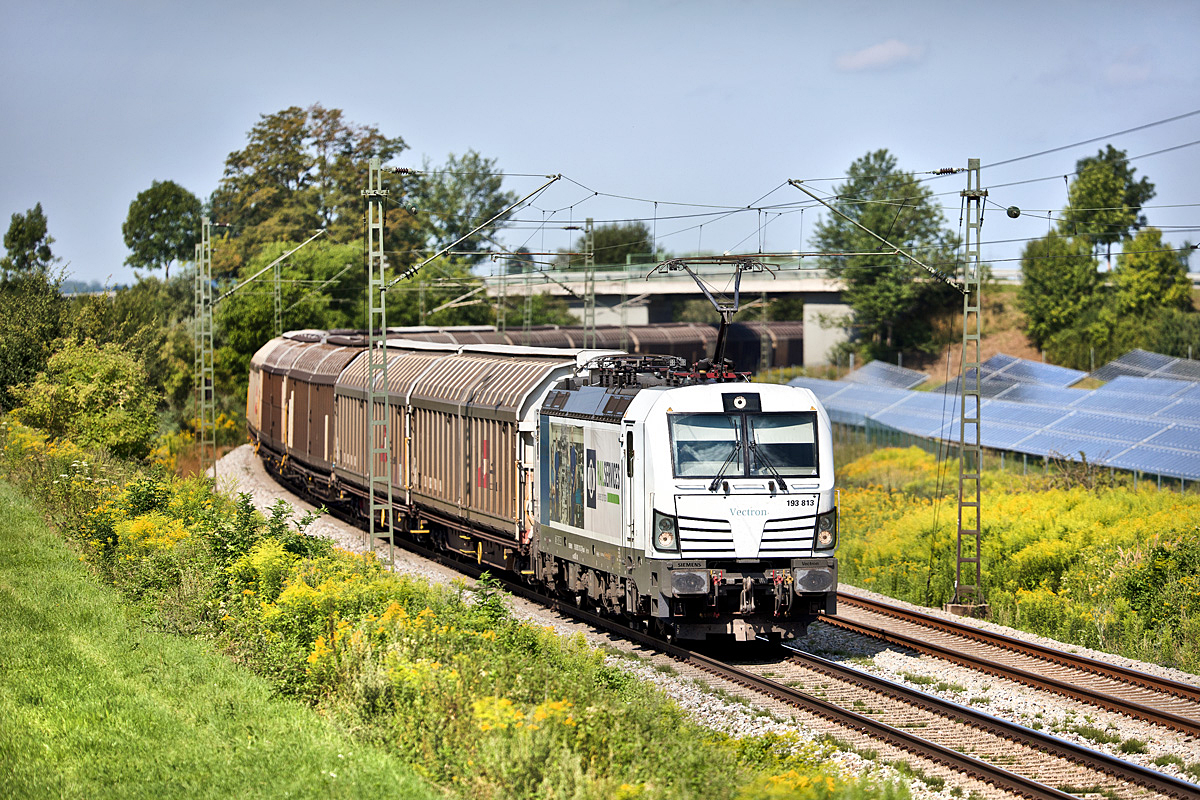 Die 193 813 donnert in Langenisarhofen mit einem Schiebewandwagenganzzug nach Süd.Bild 2.8.2017
