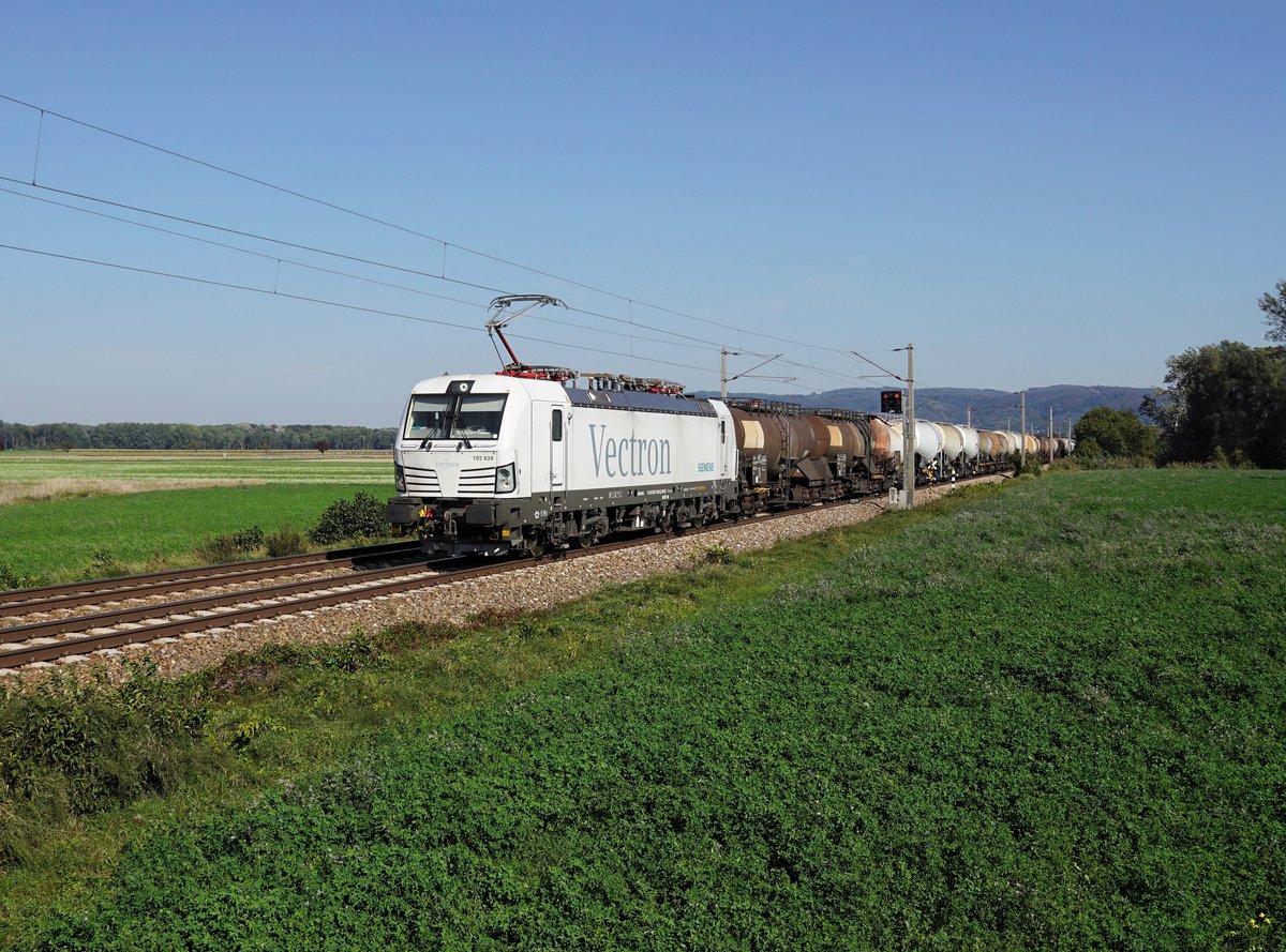 Die 193 839 mit einem Kesselzug am 18.09.2018 unterwegs bei Muckendorf-Wipfing.