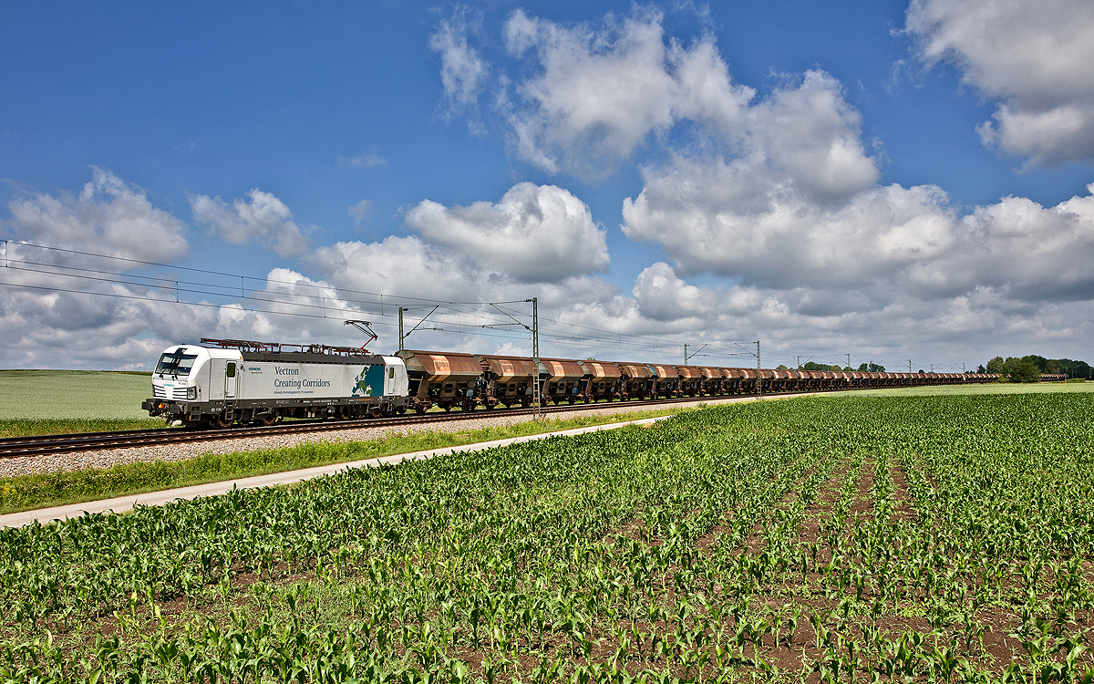 Die 193 844 fährt mit einem langen slowakischen Düngerzug in Künzing vorüber.Bild vom 10.6.2107