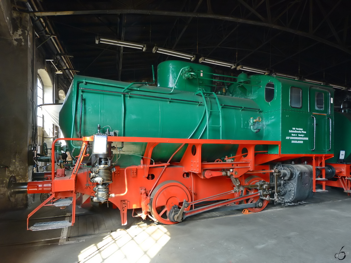 Die 1956 gebaute Dampfspeicherlokomotive LKM FLB, Nr. 146067 Anfang April 2018 im Sächsischen Eisenbahnmuseum Chemnitz-Hilbersdorf.