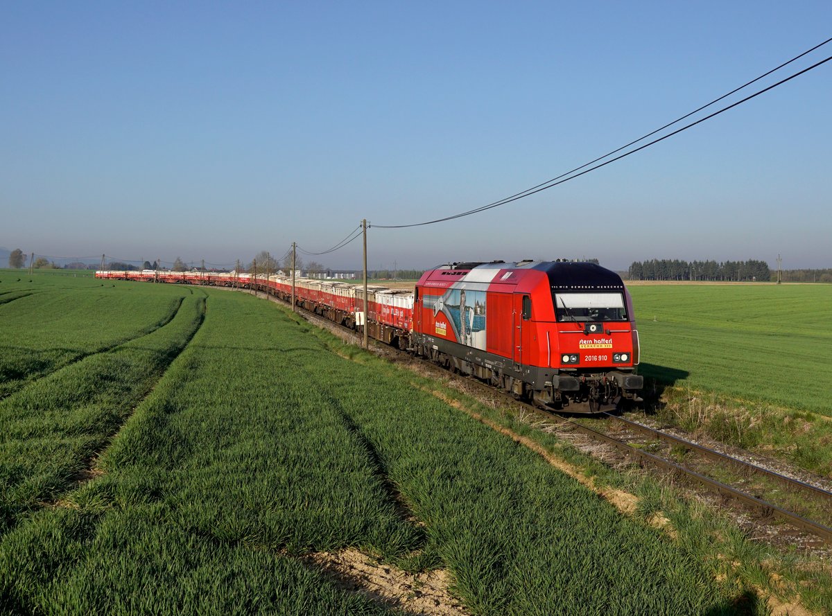 Die 2016 910 mit einem Güterzug am 18.04.2019 unterwegs bei Nöstling.