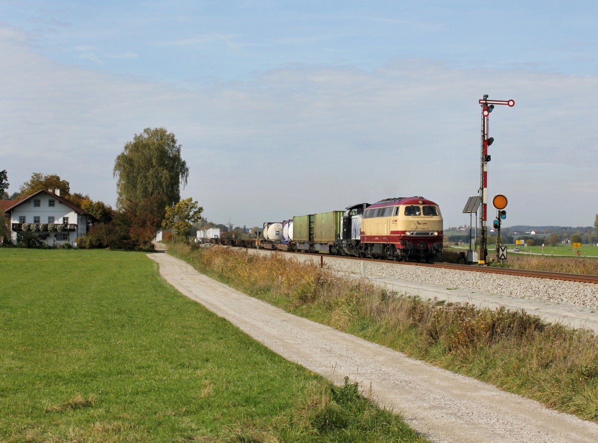 Die 217 002 und die 212 249 mit einem KLV-Zug am 20.10.2013 unterwegs bei Weidenbach.
