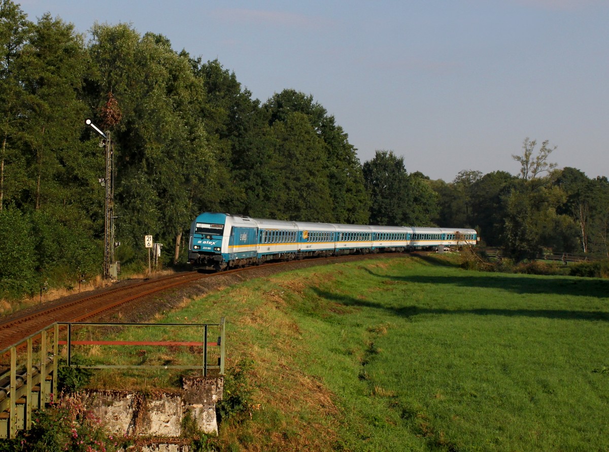Die 223 061 mit einem Umgeleiteten ALEX nach München am 22.08.2015 unterwegs bei Pressath.