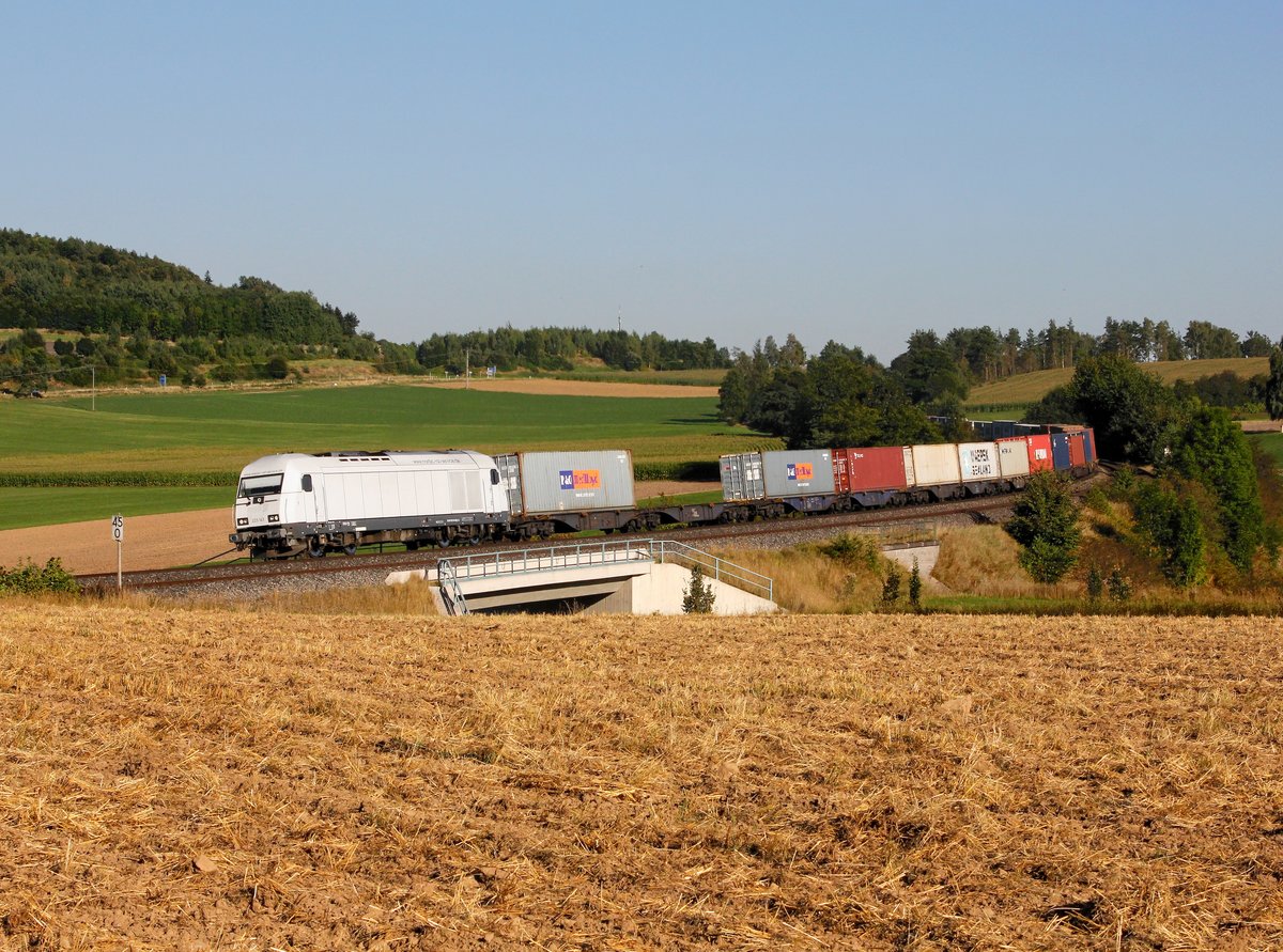 Die 223 143 mit einem Containerzug am 26.08.2016 unterwegs bei Lengenfeld.