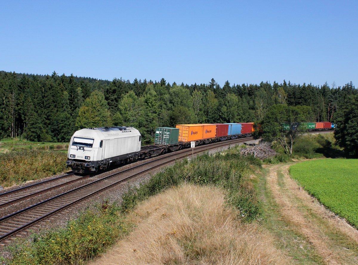 Die 223 143 mit einem Containerzug am 27.08.2016 unterwegs bei Oberteich.