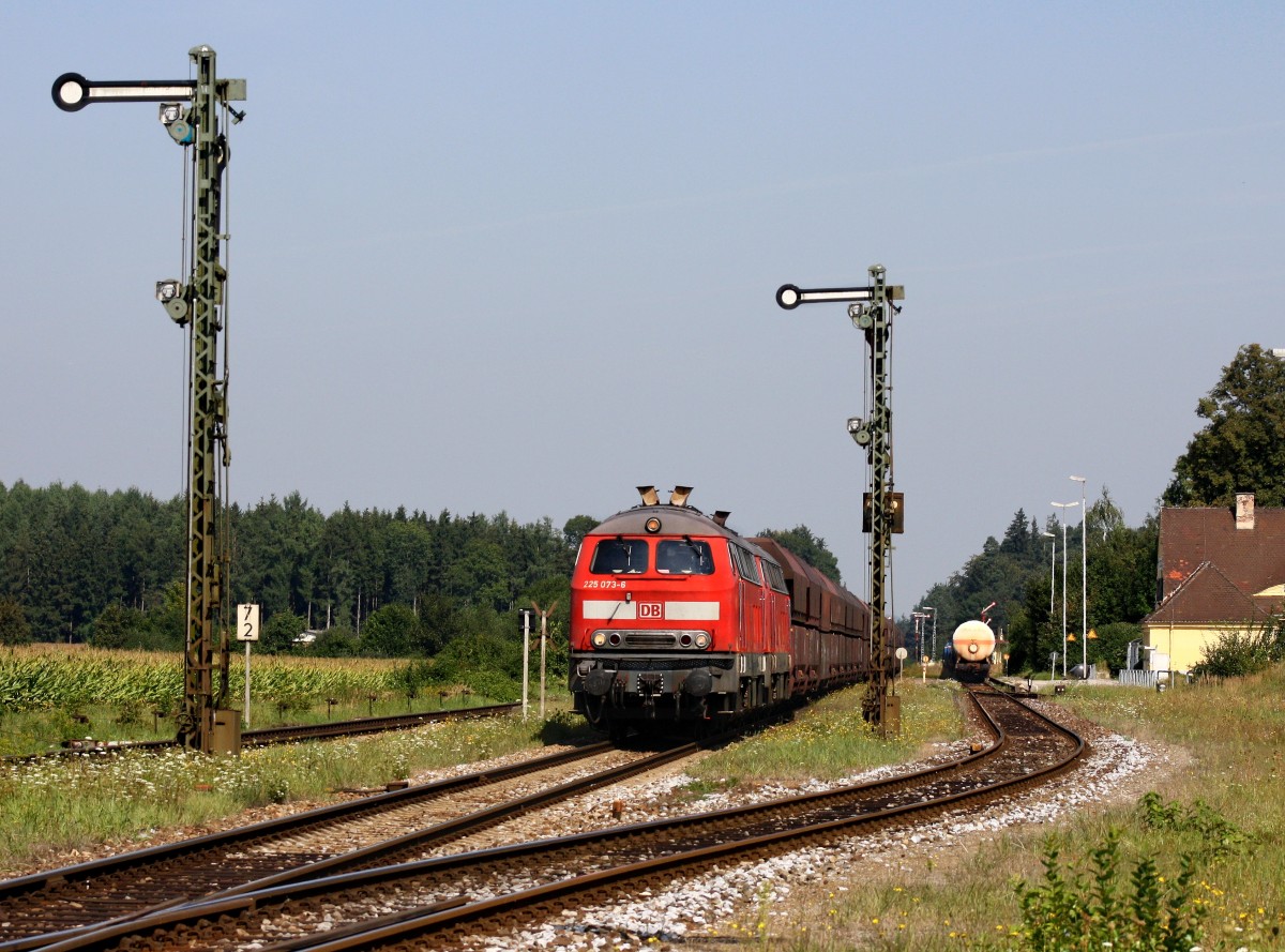 Die 225 073 und eine Weitere mit einem Güterzug am 25.08.2009 in Tüßling.