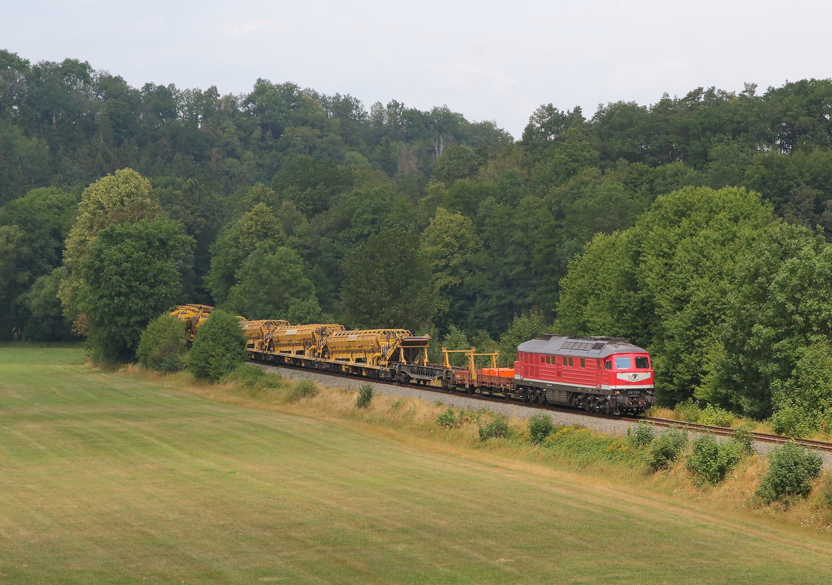Die 232 173 mit einem Bauzug auf der Mehlbahn unterwegs gen Hof. Aufgenommen wurde das Bild bei Weida, nahe Nattermühle am 28.07.2019