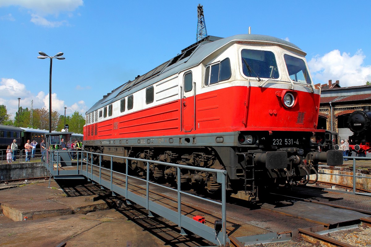 Die 232 531-4 der EWR präsentiert sich am 26.04.2014 beim Frühlingsfest im Bw Berlin Schöneweide.
