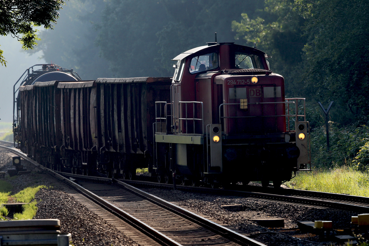 Die 294 712-5 kommt mit einigen Hochbordwagen und 2 Zisternenwagen bei Ungerhausen vorbei.Bild vom 8.8.2014