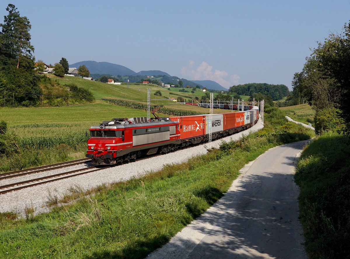 Die 363 015 mit einem Containerzug am 18.08.2018 unterwegs bei Ostrožno.
