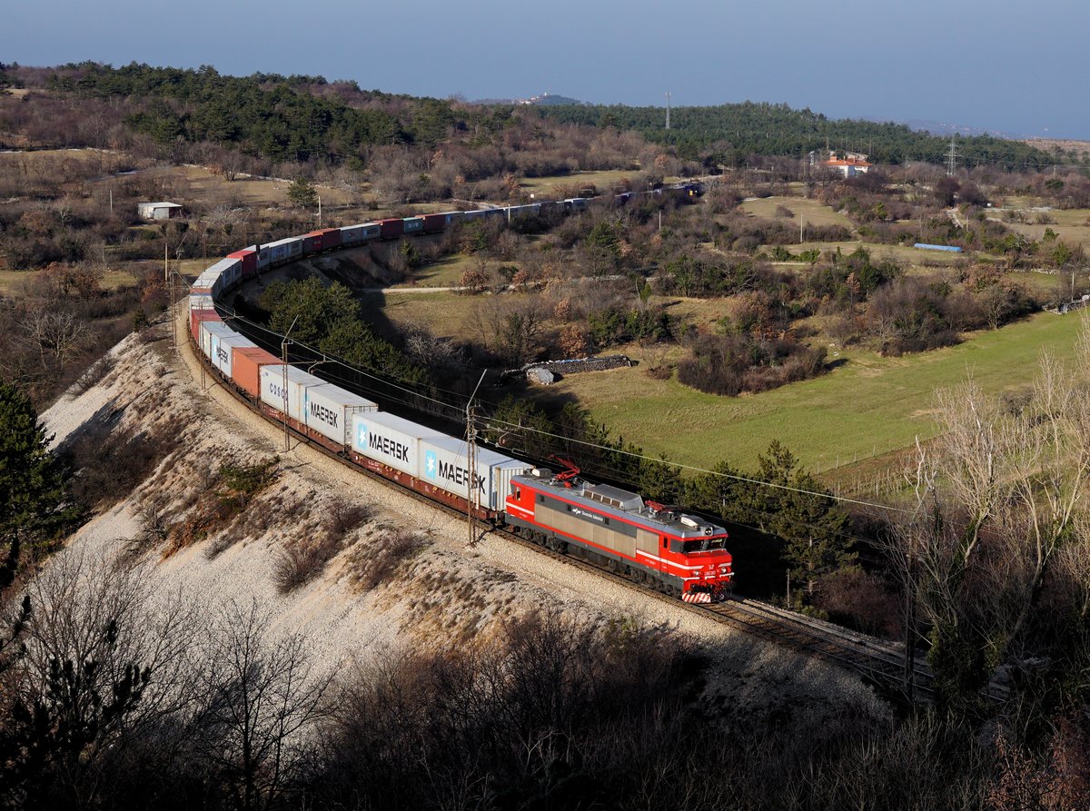 Die 363 021 mit einem Containerzug am 11.02.2018 unterwegs bei Črnotiče.
