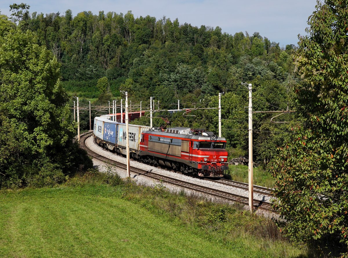 Die 363 035 mit einem Containerzug am 27.09.2019 unterwegs bei Pivka.