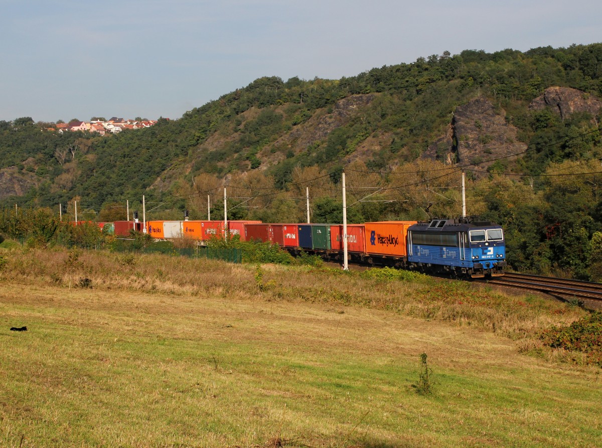 Die 363 512 mit einem Containerzug am 29.09.2014 unterwegs bei Libčice nad Vltavou.