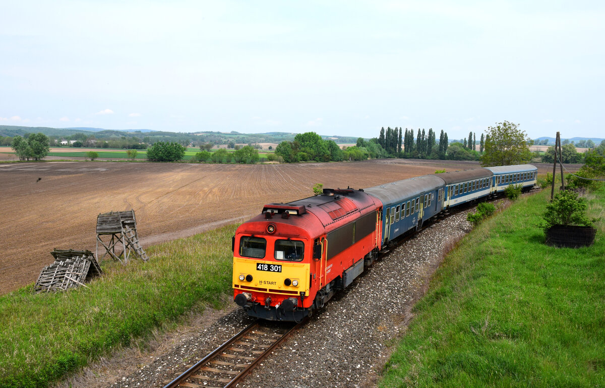 Die 418 301 mit dem Zug 39514 von Győr nach Veszprém zwischen Veszprémvarsány und Bakonygyirót.
08.05.2022.