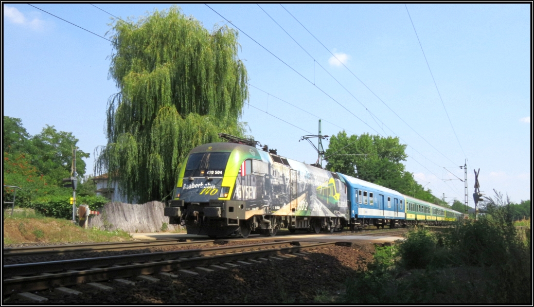 Die 470 504 der Gysev im   140 Jahre Raaberbahn  Design ist mit einen Schnellzug am Haken unterwegs nach Györ. Hier zu sehen auf freier Strecke am Stadtrand von Komarom Anfang August 2015.