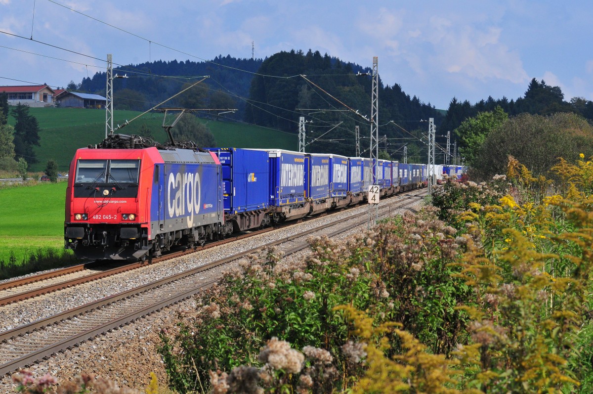 Die 482 045-2 der SBB-Cargo vor einem Güterzug zwischen Bergen und Übersee am 02.10.14