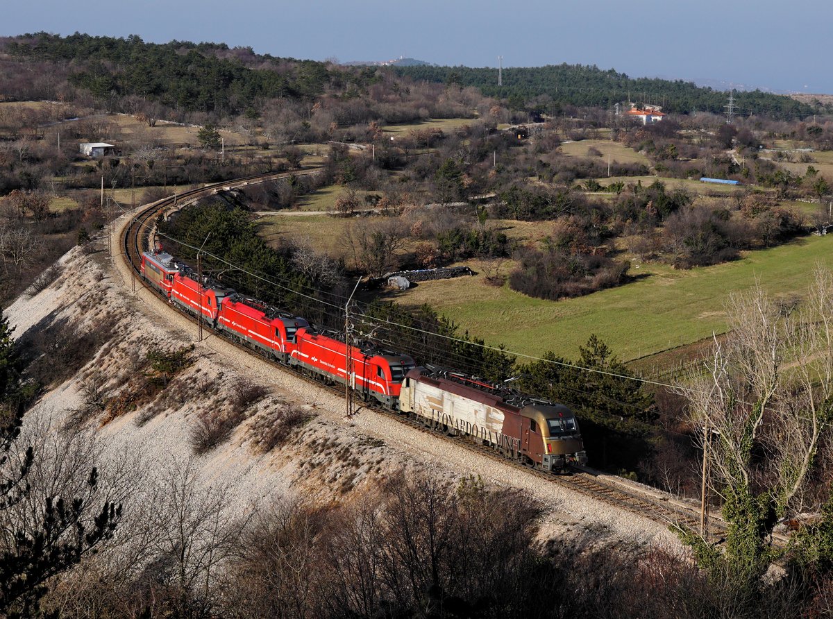 Die 541 101 und drei weitere und einen 363 als Lok Zug am 11.02.2018 unterwegs bei Črnotiče.