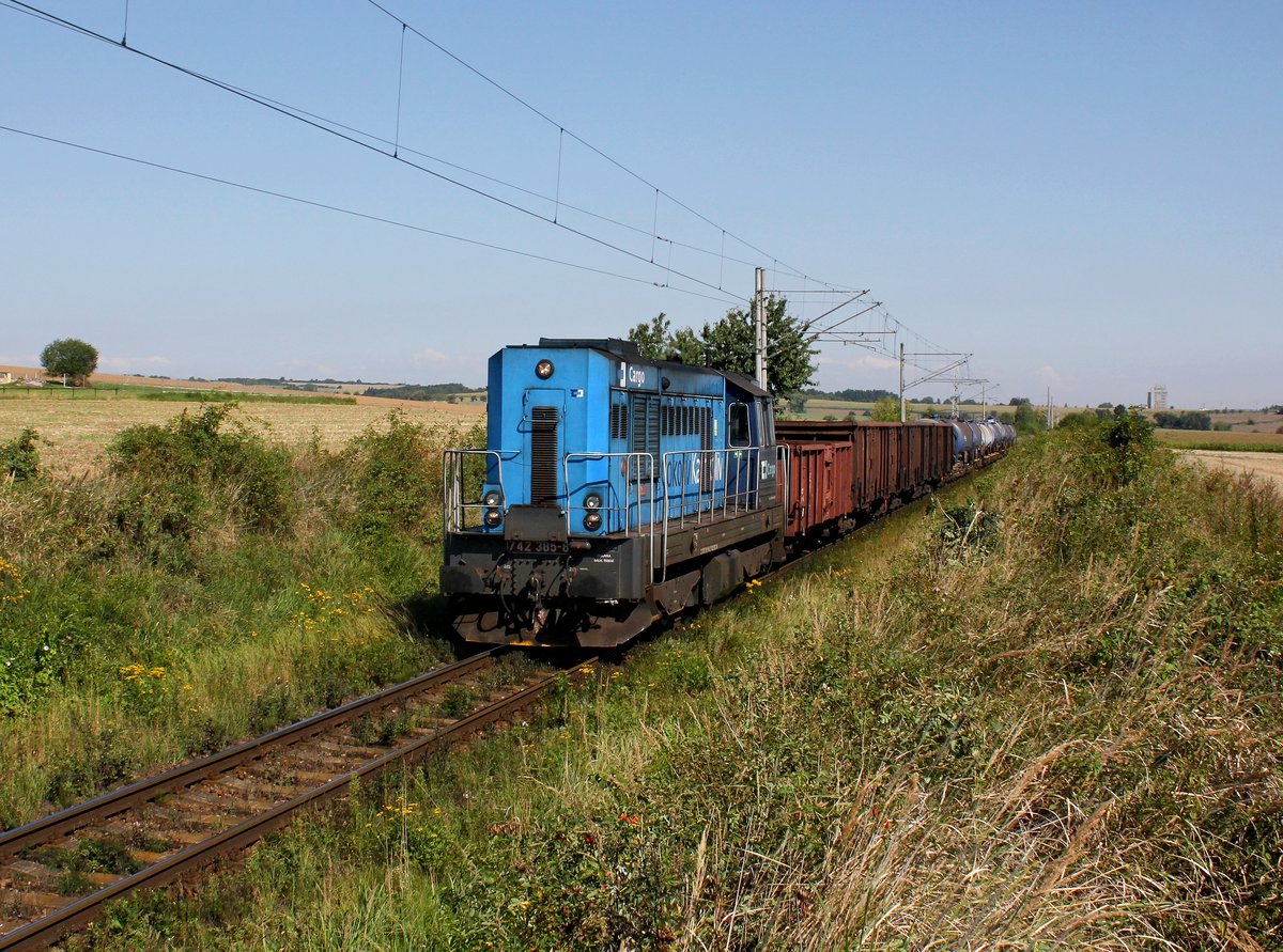 Die 742 385 mit einem Güterzug am 28.08.2014 unterwegs bei Lužany.