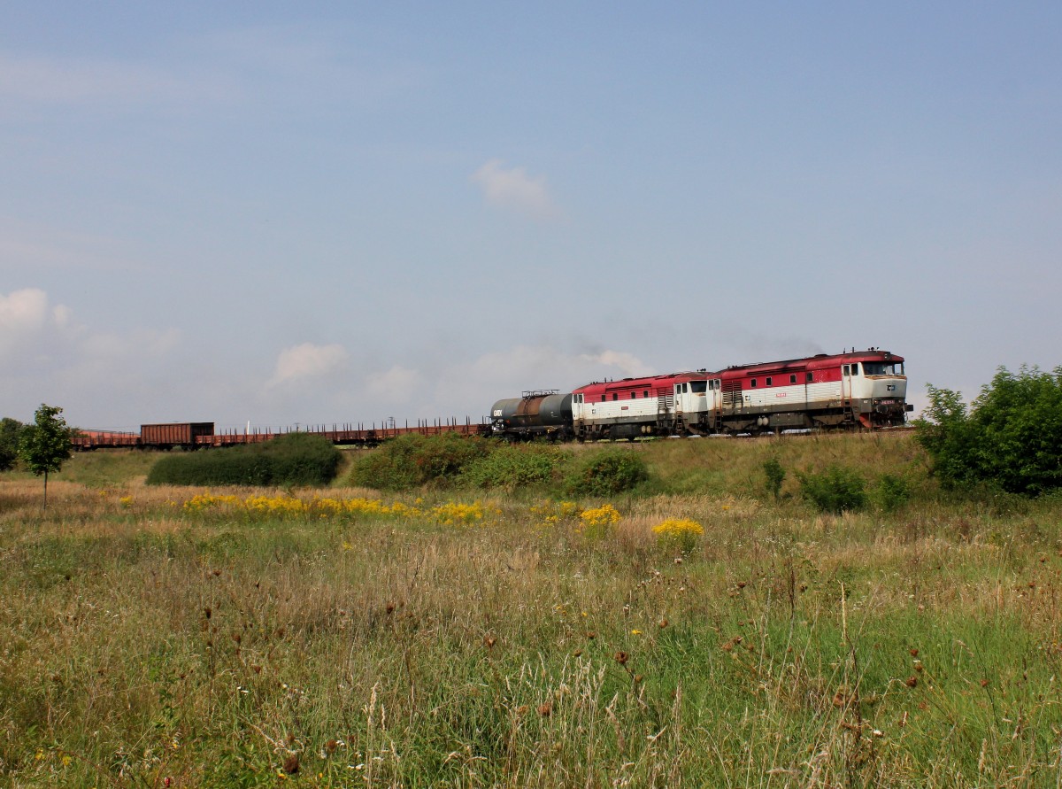 Die 749 019 und die 749 187 mit einem Güterzug am 06.09.2014 unterwegs bei Stod.