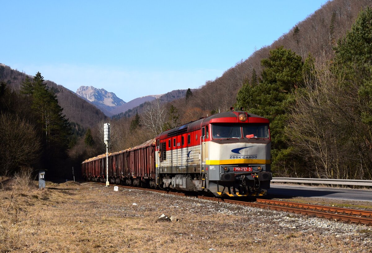 Die 751 037-er Bardotka mit dem Verschubgüterzug Mn 86550 fährt durch das Arwatal (Orava Tal) kurz vor Kraľovany.
08.03.2025.