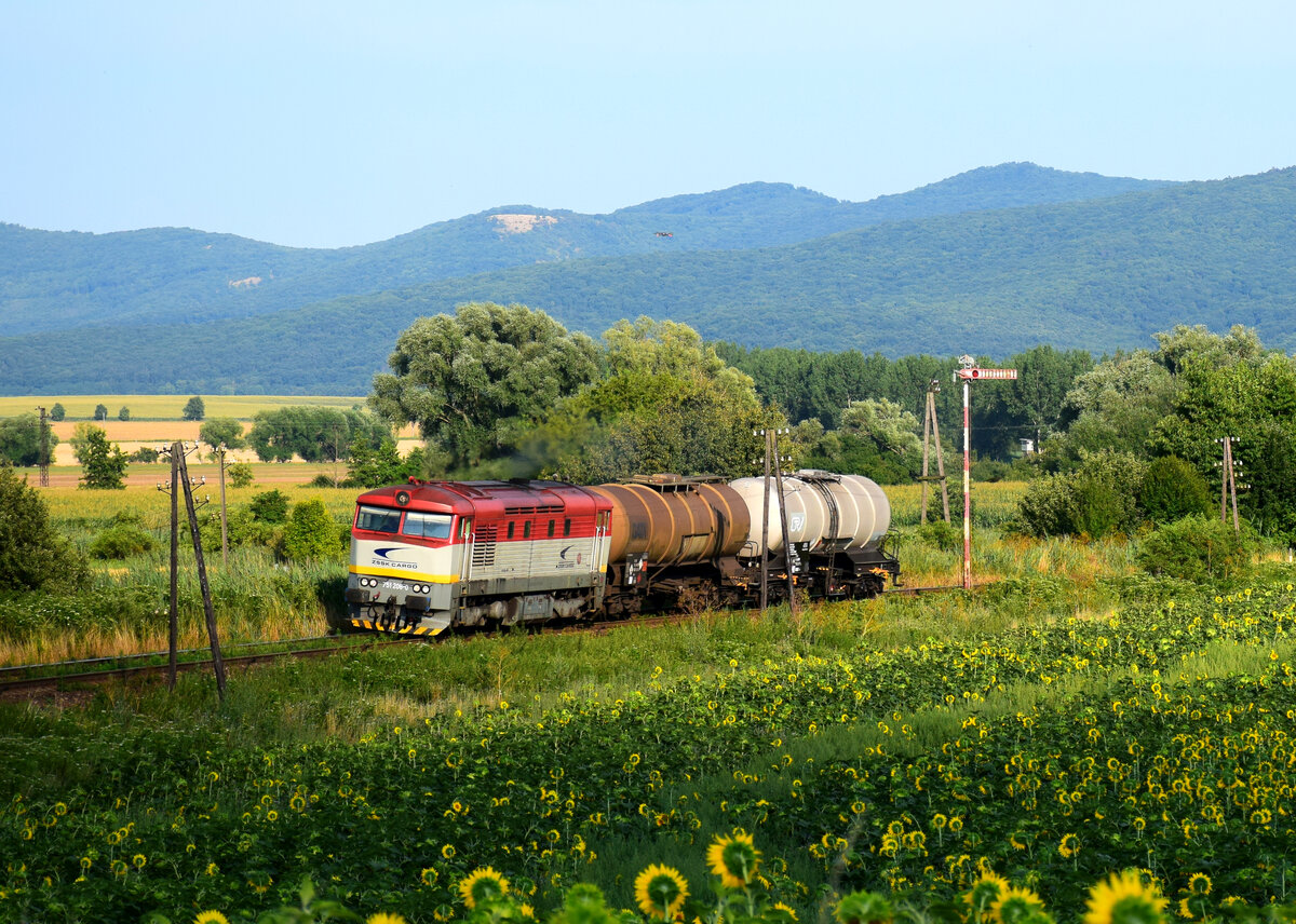 Die 751 208 mit dem Schnellgüterzug von Prievidza nach Bratislava kurz nach Zbehy.
31.07.2021.