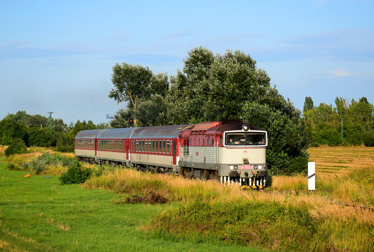 Die 754 003 mit dem Zug Os4362 von Komárno nach Dunajska Streda zwischen Komárno und Nová Straz.
03.08.2021.