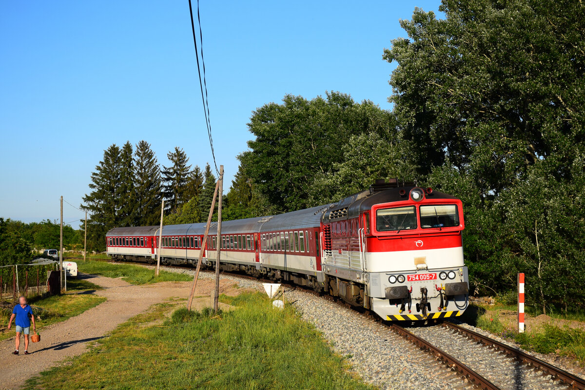 Die 754 005-er Taucherbrille mit dem Zug 4370 von Komárno (Komárom) nach Dunajská Streda (Dunaszerdahely) kurz vor Nová Stráž (Örsújfalu).
31.05.2022.