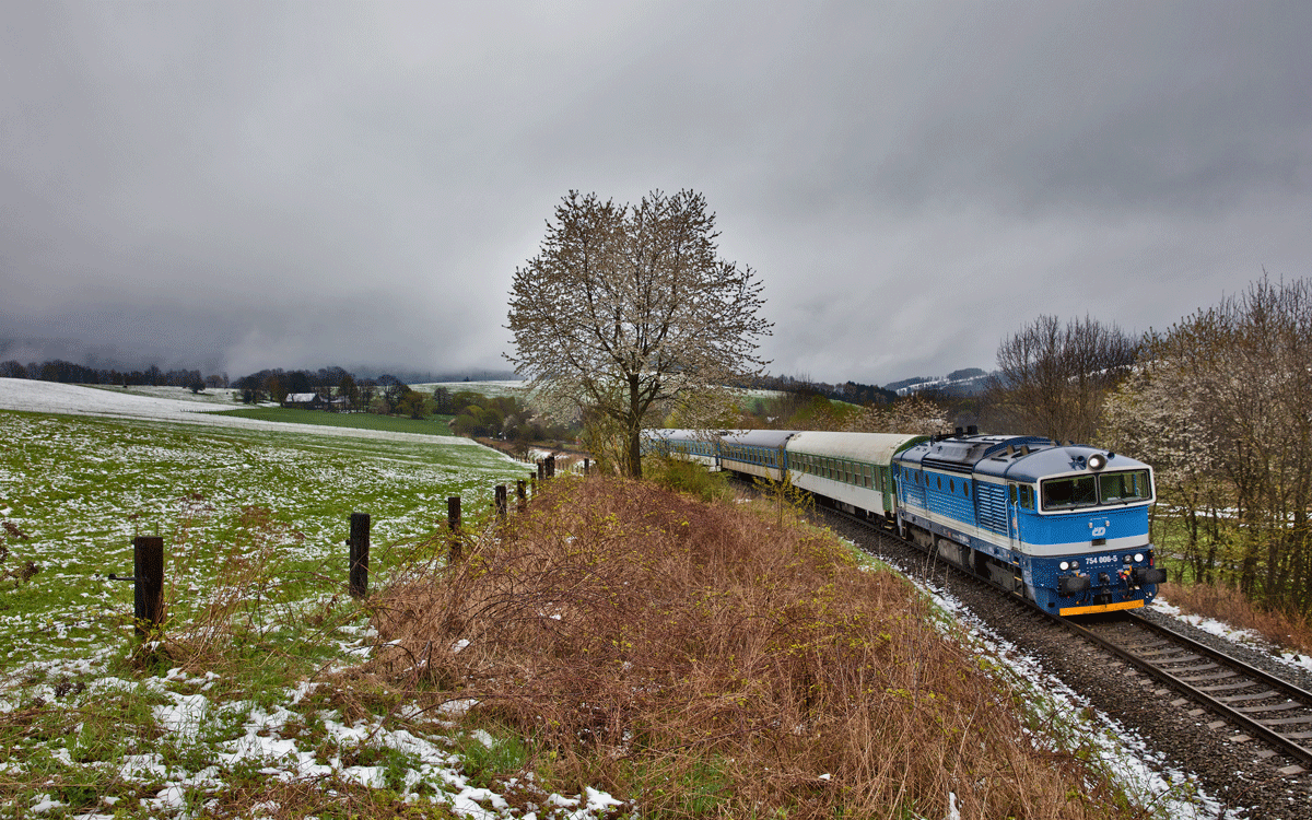 Die 754 006-5 dieselt bei einem Wintereinbruch im Böhmerwald mit dem Rx 779 von Bayrisch Eisenstein nach Pilsen bei Desenice vorüber.Bild vom 18.4.2017