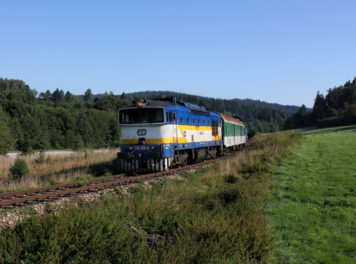Die 754 019 mit einem Os nach Nov dol am 07.09.2013 unterwegs bei ebanov.