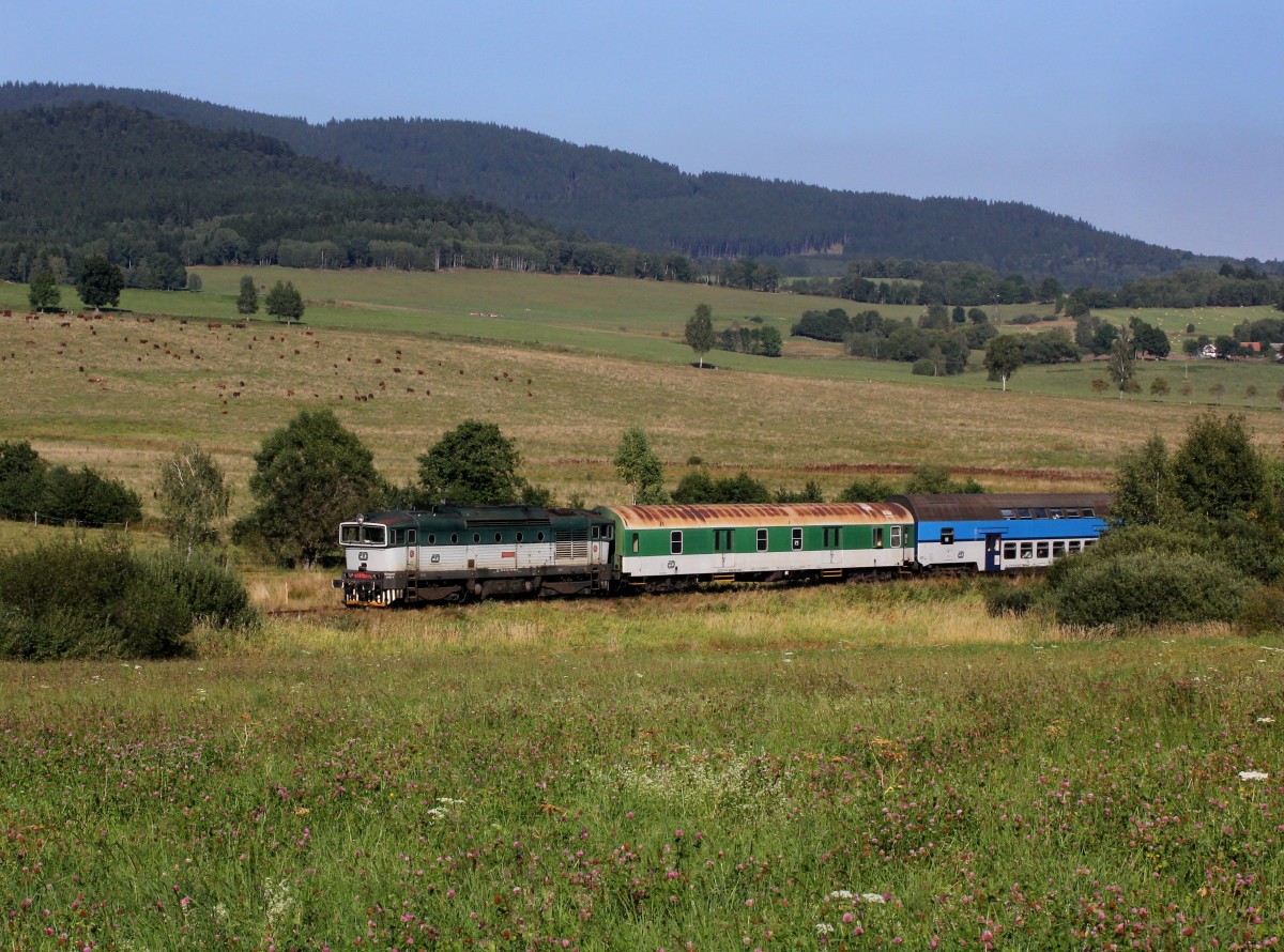 Die 754 022 mit einem Os nach Nov dol am 07.09.2013 unterwegs bei Hory.