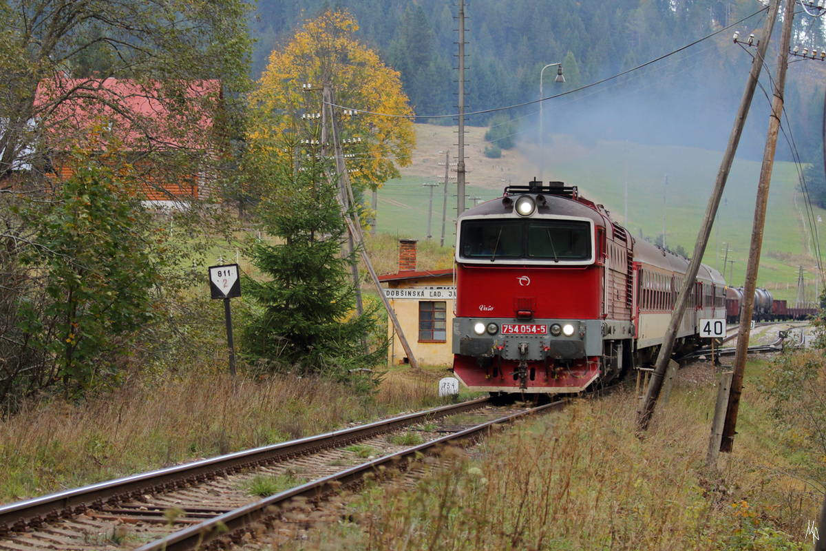 Die 754 054 mit einem Personenzug bei der Ausfahrt aus dem Bahnhof Dobŝinská Ĺadová Jaskyňa am 4. Oktober 2019.