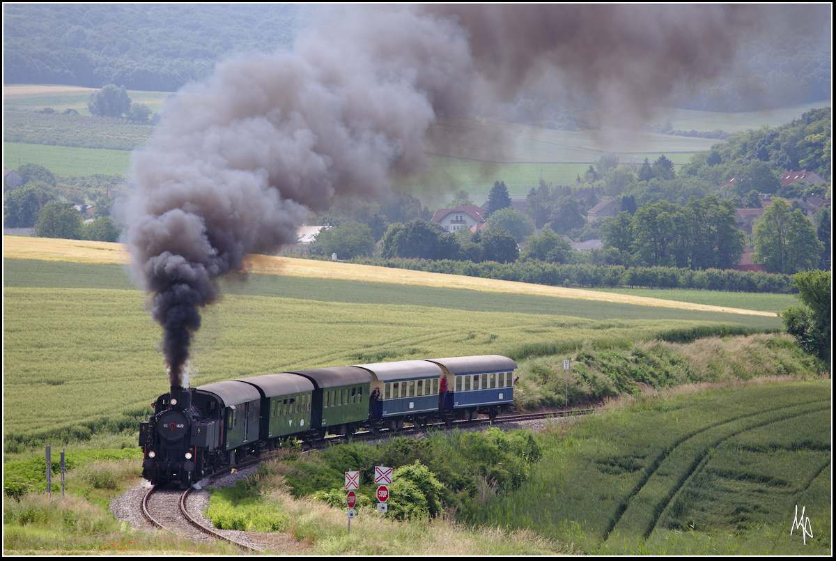 Die 93.1420 erklimmt gerade mit ihrem aus 4 Spantenwagen und einem Gepäckwagen bestehenden Zug den Mollmannsdorfer Berg. (11.06.2016)
