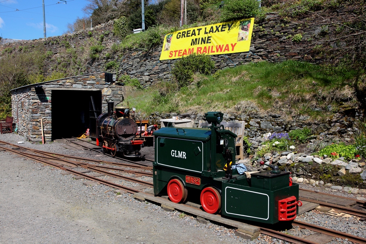 Die Akkulok WASP und die kleine Dampflokomotive ANT vor dem Lokschuppen bei der Stn. Valley Gardens am 29.04.2018 