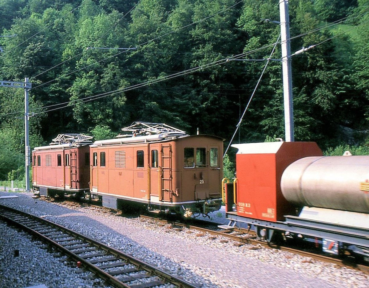 Die alten Lokomotiven der Berner Oberland Bahn - Lok 25: Warten auf den Abbruch, zusammen mit Lok 22. Zweilütschinen, 23.Mai 1989.  