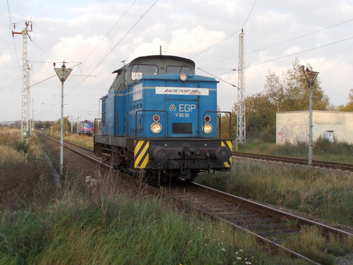 Die an Baltic Port Mukran vermietete EGP V60.08,am 20.Oktober 2014,an der Abzweigstelle Borchtitz.