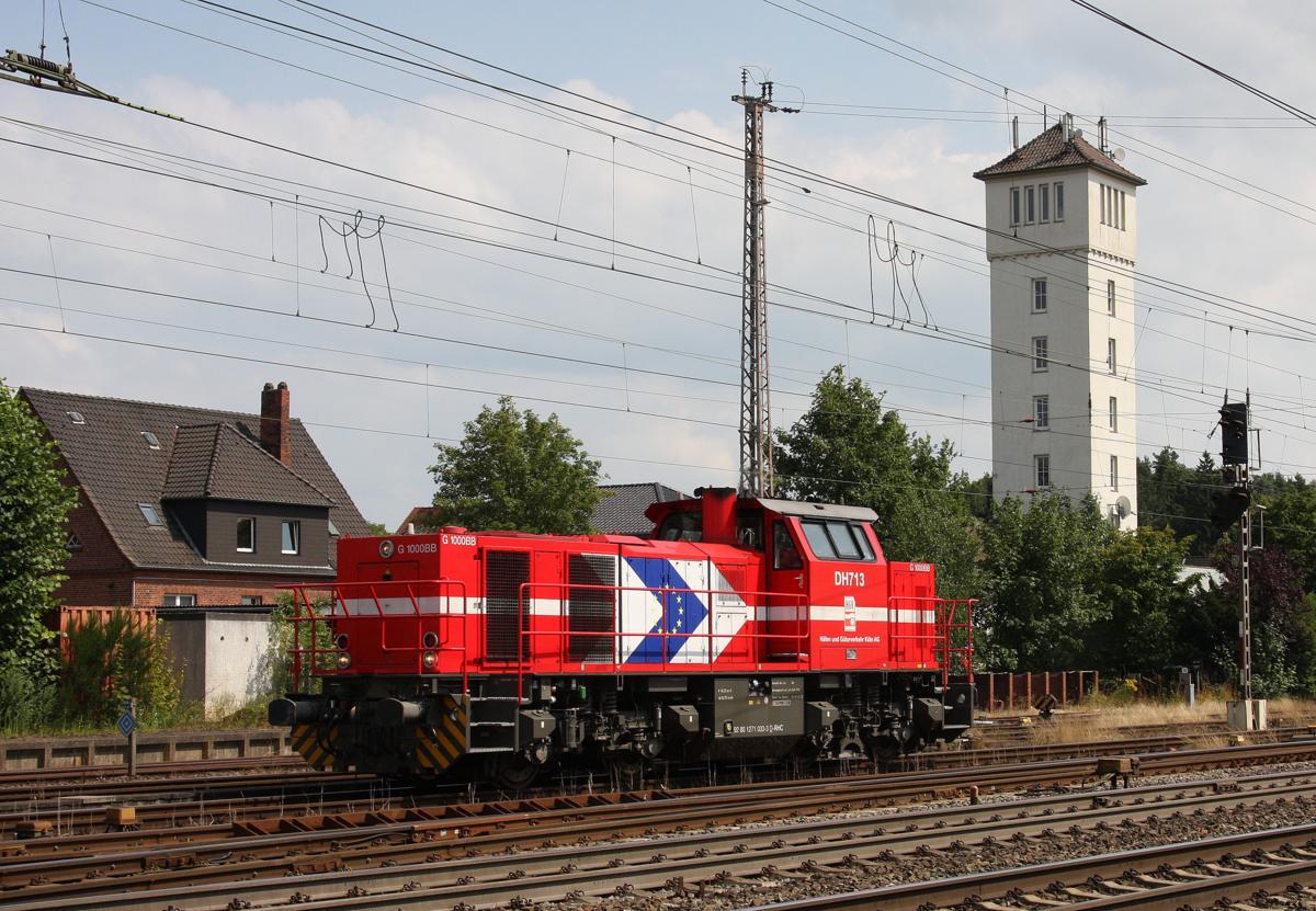 Die anscheinend noch nagelneue DH 713 der Häfen und Güterverkehr Köln war am 16.7.2014 solo in Verden auf der Fahrt Richtung Bremen zu bewundern.