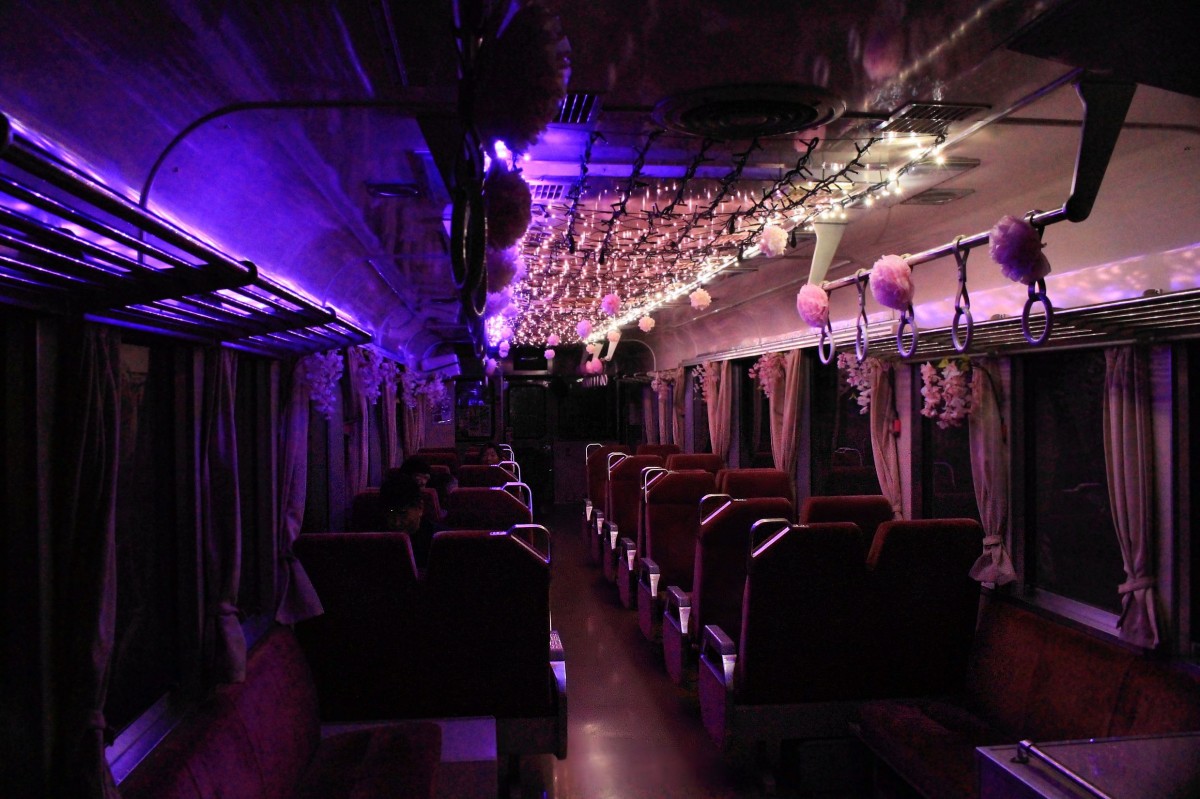Die Asa Kaigan-Bahn: Da diese kleine Bahn zahlreiche Tunnels durchfährt, hat man sich zur Unterhaltung der Fahrgäste ein Lichterspiel ausgedacht. Hier blitzen bläulich-violette Lichter ganz geheimnisvoll. 3.April 2015. 