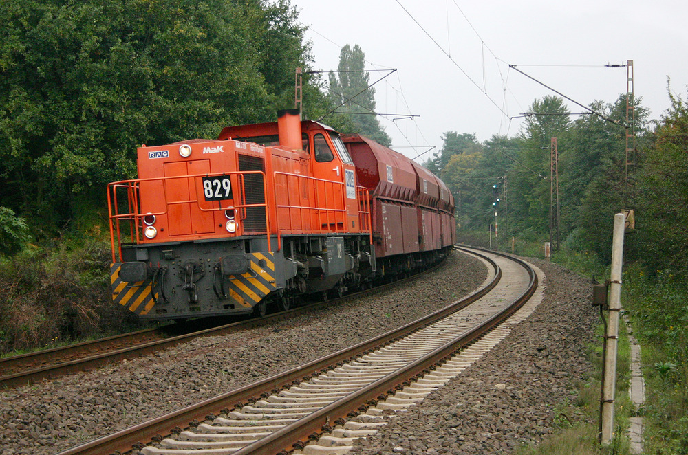 Die auf dem Foto abgebildete Lok 829 ist mittlerweile für die HLG im Einsatz.
Desweiteren gibt es auch diese Fotostelle nicht mehr, da der Bahnübergang an dieser Stelle entfernt wurde.
Fotografiert am 15. Oktober 2006 in Bottrop.
