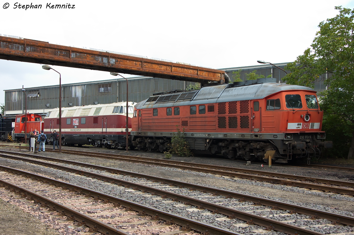 Die Ausgemustere 232 173-5 steht seid Dezember 2012 in Stendal bei Alstom abgestellt. Dahinter stand die MEG 208 (228 786-0) abgestellt und war zu sehen beim Tag der offenen Tr 2013 bei Alstom in Stendal. 21.09.2013